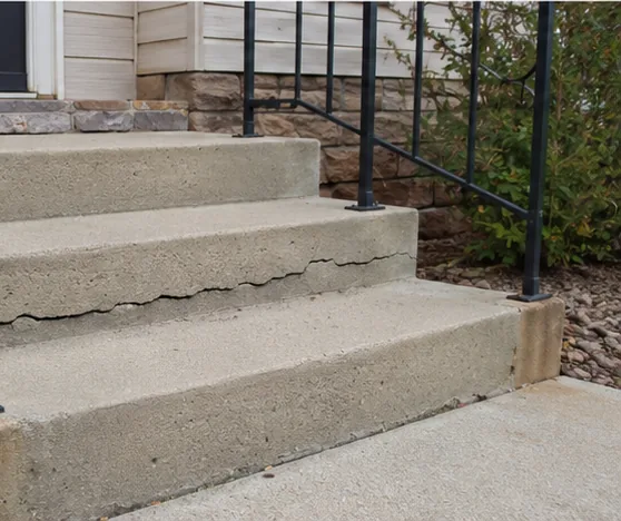 Outdoor AC condenser beside concrete entry steps