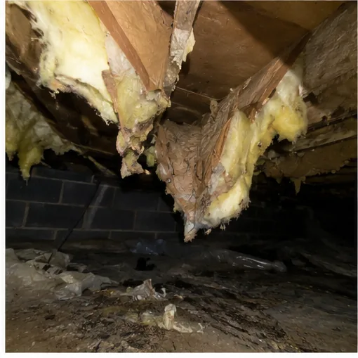 Water-damaged rotted wood and insulation in an attic