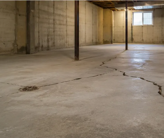 Concrete basement floor with a settlement crack