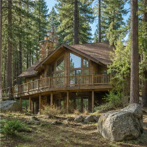 Cedar-sided cabin-style home in a wooded setting