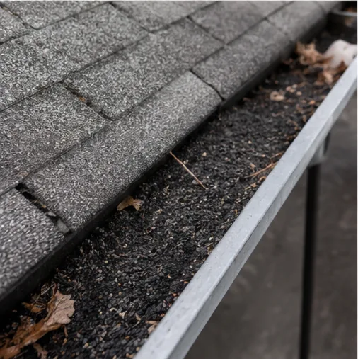 Clogged gutter full of debris noted on a Burnsville home inspection