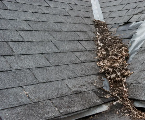 Debris-filled gutter above a shingle roof edge