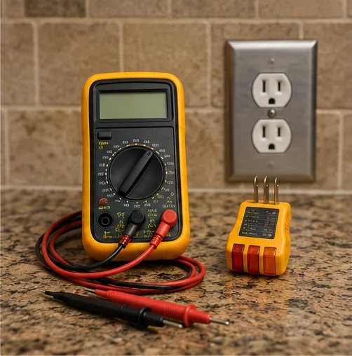 Burnsville MN home inspection showing a receptacle tester verifying outlet wiring and ground integrity
