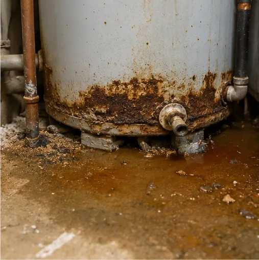 Corroded leaking water heater base with water damage