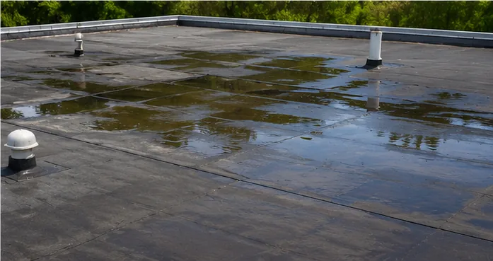 Flat low-slope roof with ponding water found during inspection