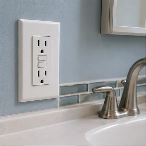 GFCI outlet near a bathroom sink checked for safety