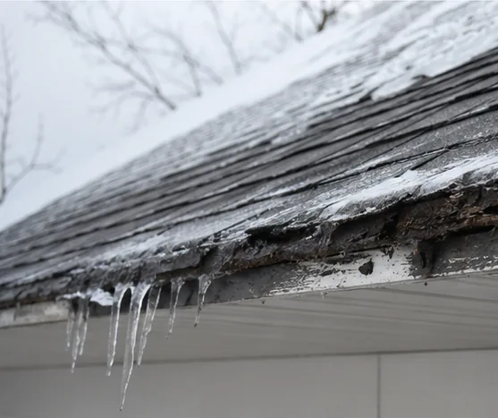 Ice dam and icicles on a roof eave in winter