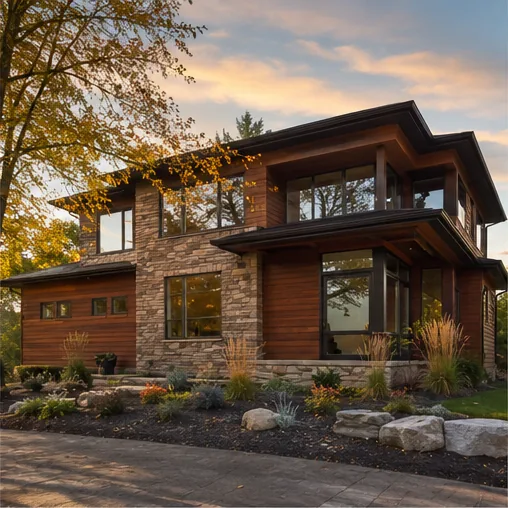Modern home exterior at dusk in Burnsville MN