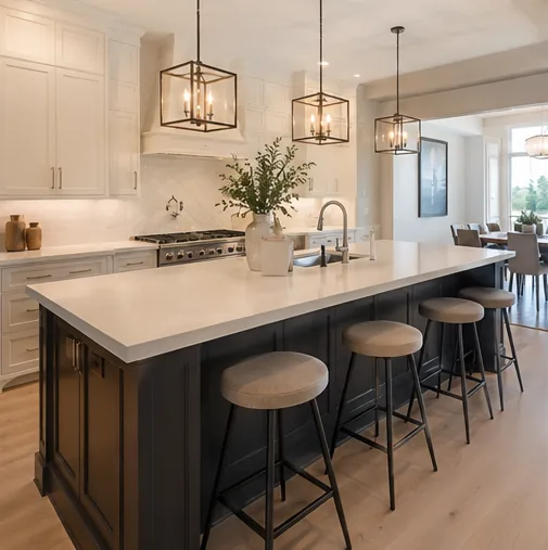 Modern kitchen with island and pendant lighting inspected