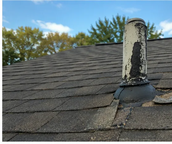Roof and chimney showing weathering after Minnesota storms
