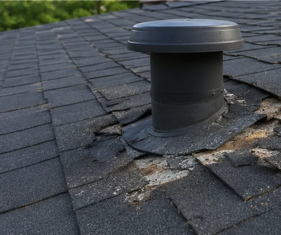 Roof vent boot and flashing on an asphalt shingle roof