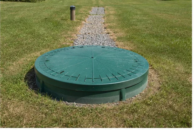 Septic tank access lid located in the yard