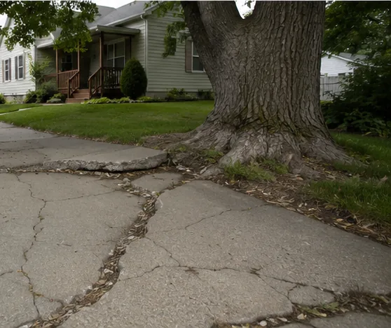 Cracked and settled concrete driveway near mature trees
