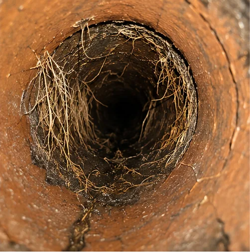 Interior sewer line camera view showing pipe condition