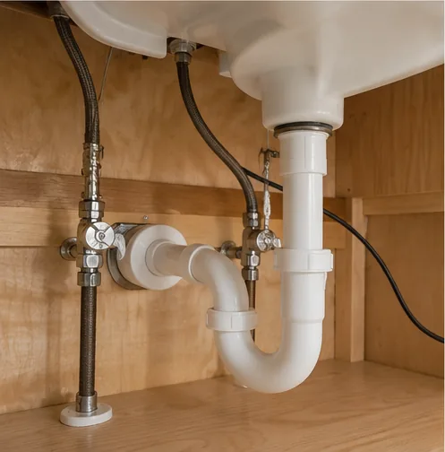 Under-sink P-trap and water supply lines inspected