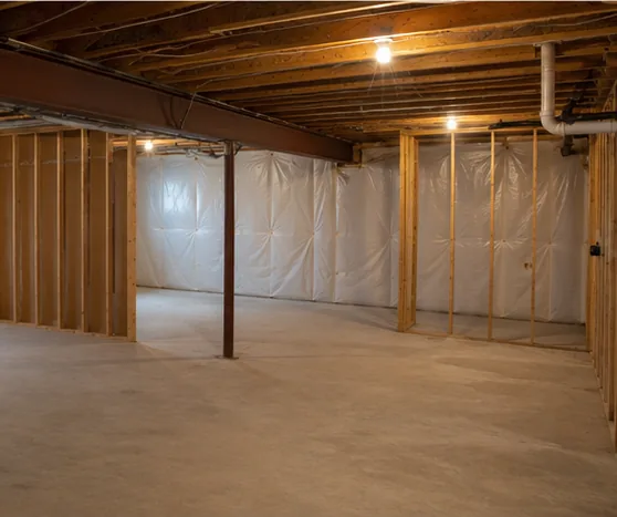 Burnsville MN home inspection showing an unfinished basement with support posts and foundation walls
