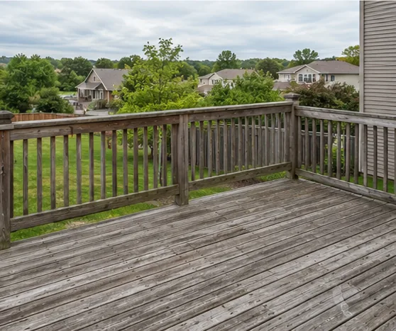Burnsville MN home inspection showing a wood deck and ledger connection examined as part of the standard flat-price inspection