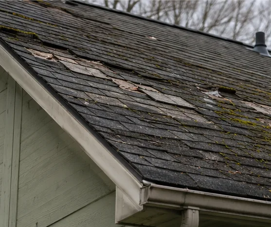 Worn curling asphalt shingles flagged during a roof inspection
